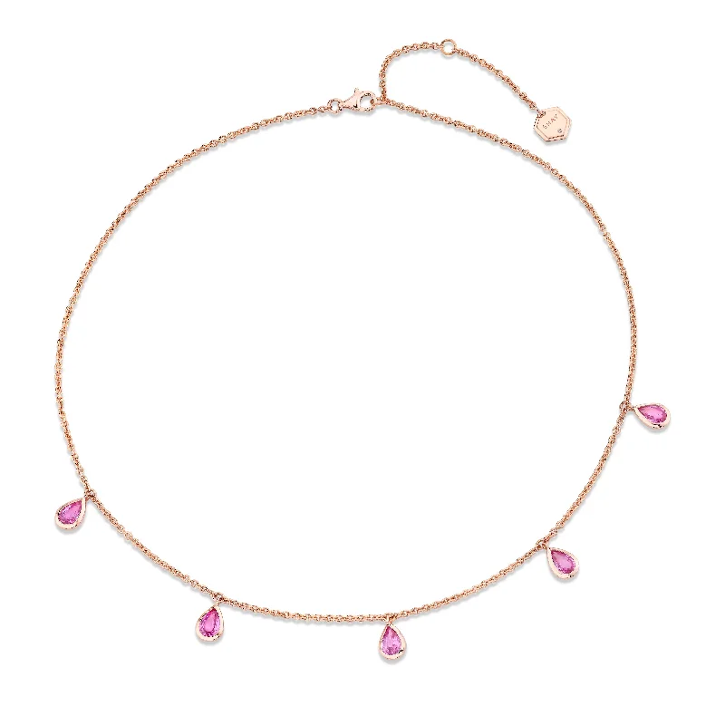 Special occasion necklace for women-READY TO SHIP PINK SAPPHIRE 5 PEAR DROP NECKLACE