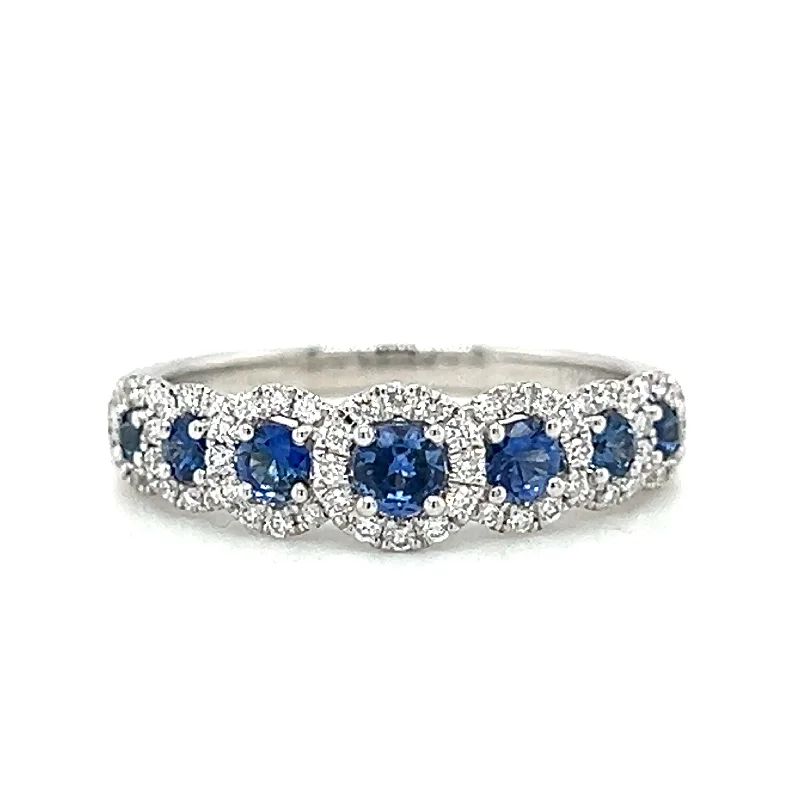 Unique halo engagement ring for women-14k White Gold Blue Sapphire & Diamond Halo Ring by Zeghani