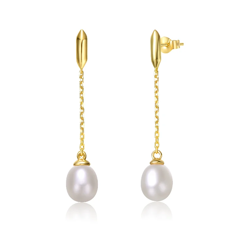 Statement earrings for women-Delphine Pearl Dainty Chain Golden Dangle Earrings