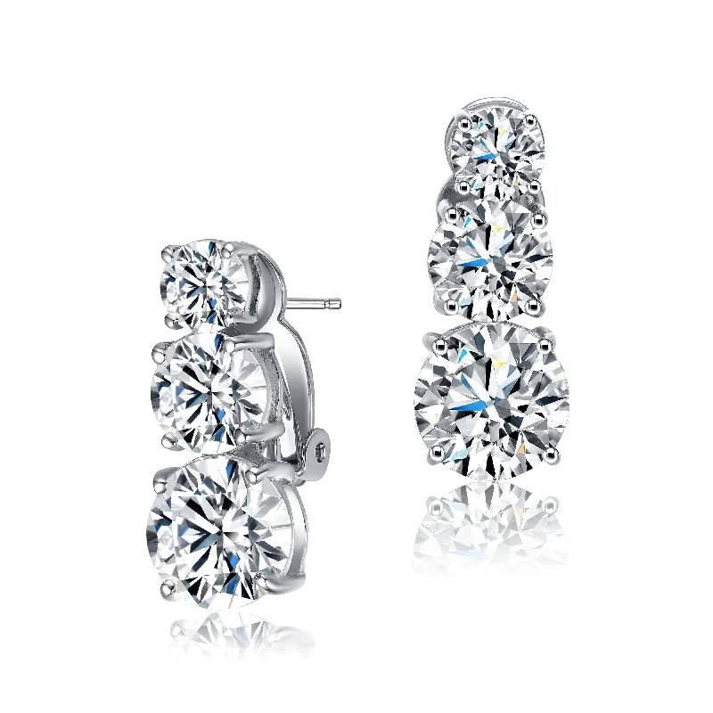 Classic earrings for women-Sterling Silver with Graduated Round 3-Stone Cubic Zirconia Journey Drop Last Pair Earrings