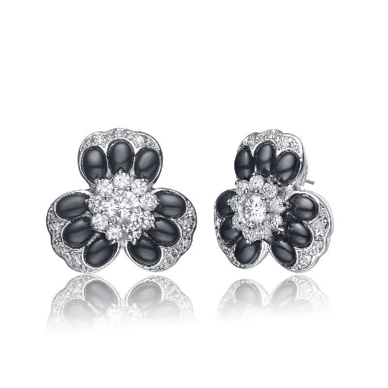 Oval gemstone earrings for women-Emma Black Cubic Zirconia Flower Earrings