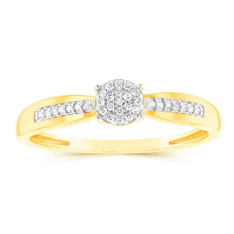 Double band engagement ring for women-9ct Yellow Gold Diamond Cluster Ring with 33 Brilliant Cut Diamonds