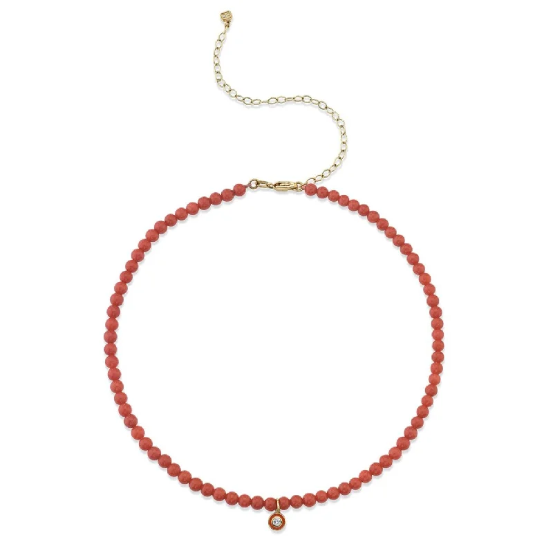 Layered gold necklace for women-Gold & Diamond Small Enamel Red Bamboo Coral Necklace