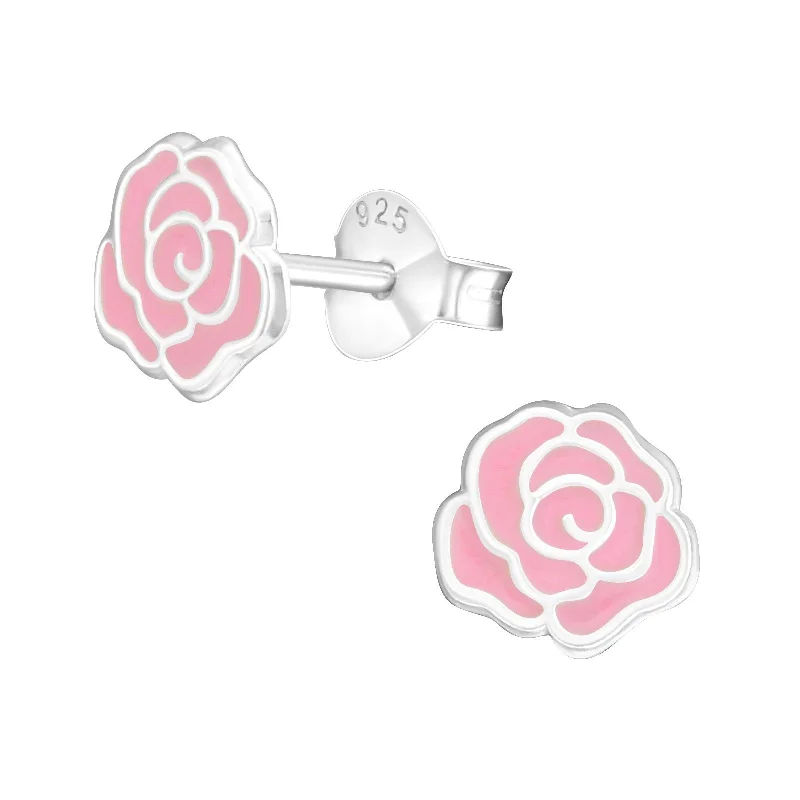 Hoop earrings with diamonds for women-Pink Rose Stud Earrings in Sterling Silver