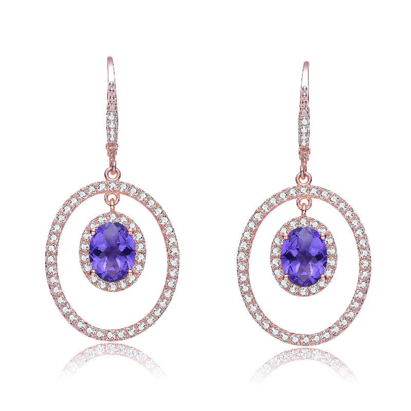 Elegant drop earrings for women-Cubic Zirconia Sterling Silver Rose Plated Amethyst Oval Earrings