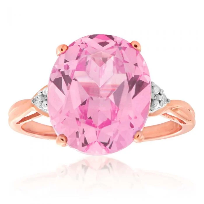 Engagement ring with diamonds for women-9ct Rose Gold Created Peach Sapphire & Diamond Oval Ring