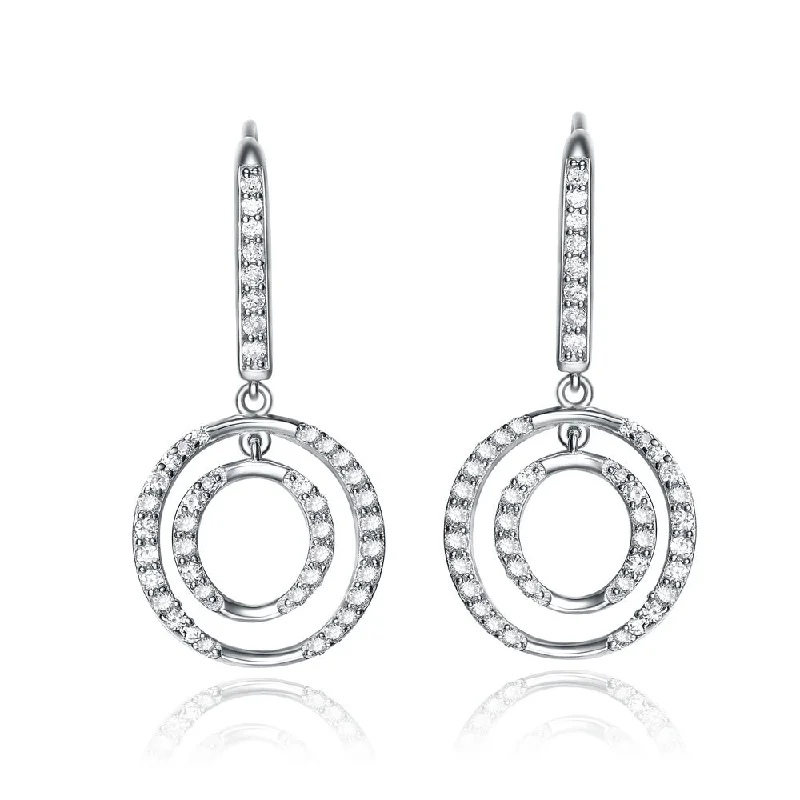 Diamond stud earrings for women-Cubic Zirconia Sterling Silver Rhodium Plated Double Circle Drop Earrings