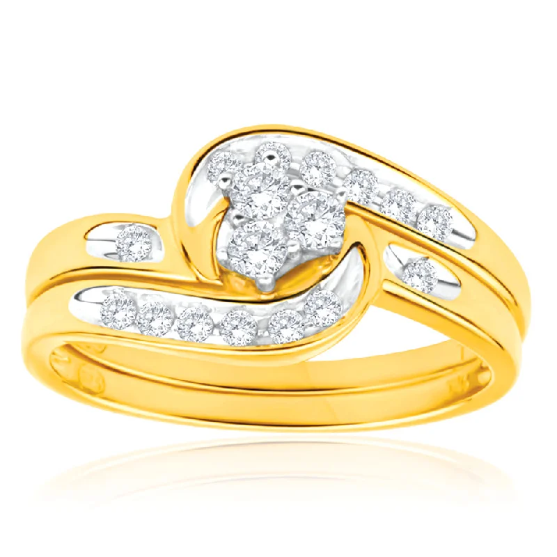 Modern engagement ring for women-9ct Yellow Gold 2 Ring Bridal Set With 0.25 Carats Of Light Champagne Diamonds