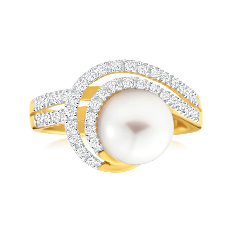 Bold gemstone engagement ring for women-9ct Yellow Gold Cultured Pearl and Diamond Swirl Ring