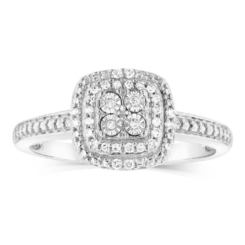 Engagement ring with halo for women-Sterling Silver 1/10 Carat Diamond Cushion Shaped Ring