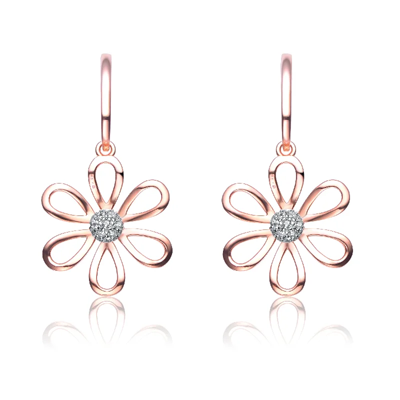 Diamond dangle earrings for women-Rose Gold Overlay Cubic Zirconia Six Petal Flower Earrings