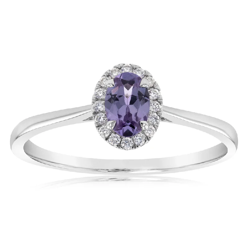 Engagement ring with large diamond for women-9ct White Gold Created Oval Alexandrite & Diamond Halo Ring