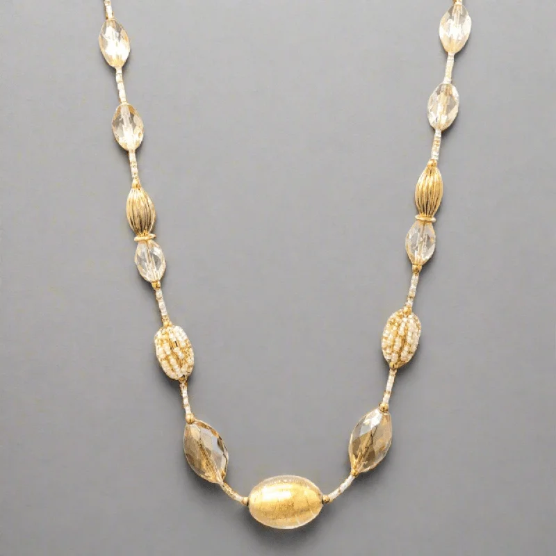 Tennis necklace for women-YGP Stainless White and Gold Murano Glass Marquise Beaded Necklace