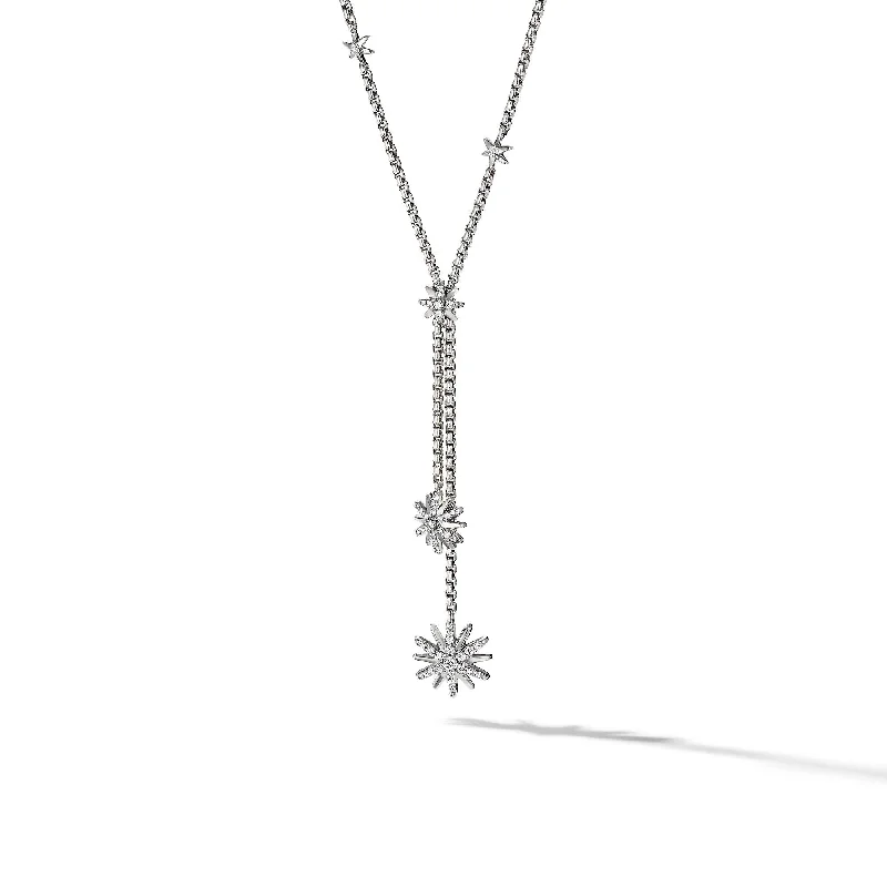 Heart pendant necklace for women-Starburst Y Necklace in Sterling Silver with Diamonds