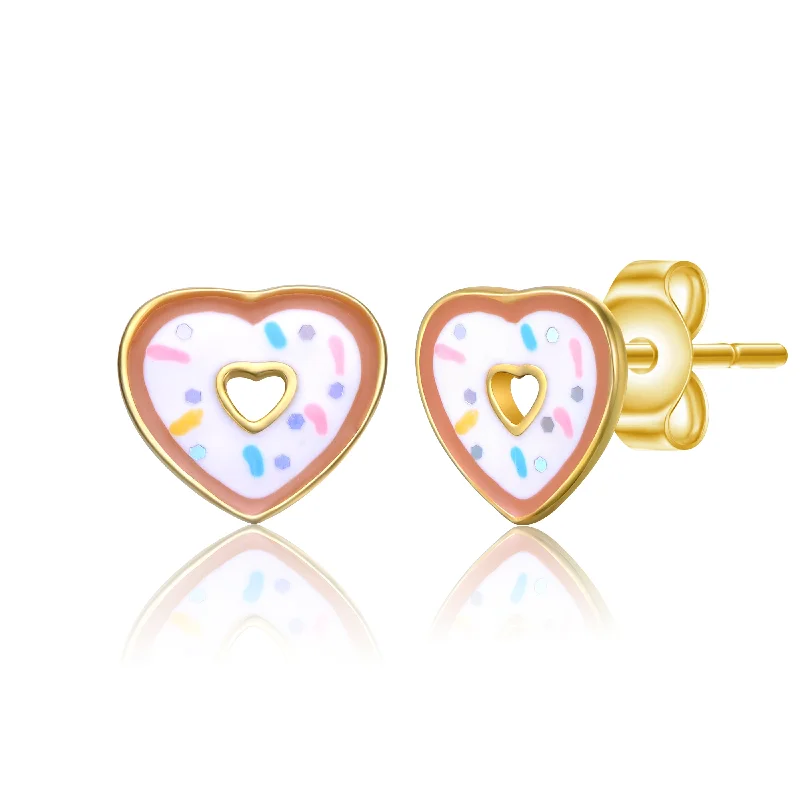 Custom birthstone earrings for women-14k Gold Plated Sprinkled Donut Heart Halo Stud Earrings