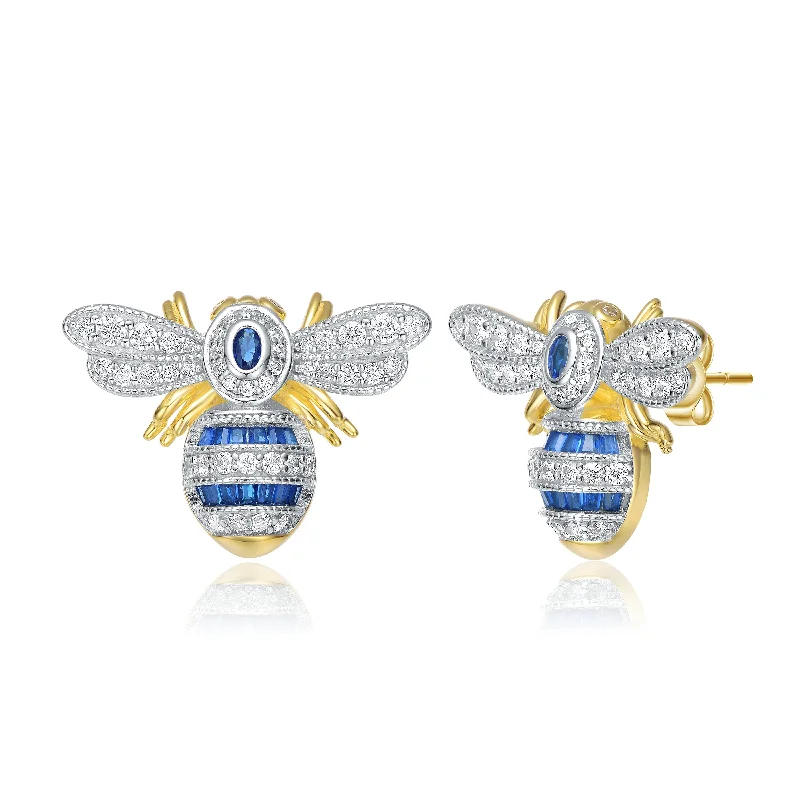 Art deco earrings for women-Sterling Silver 14k Yellow Gold Plated with Blue Sapphire & Cubic Zirconia Wasp Stud Earrings