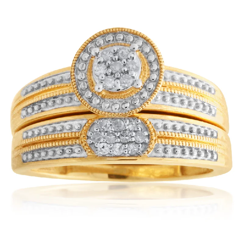 Round cut diamond engagement ring for women-9ct Yellow Gold 2-Ring Diamond Bridal set with 17 Diamonds