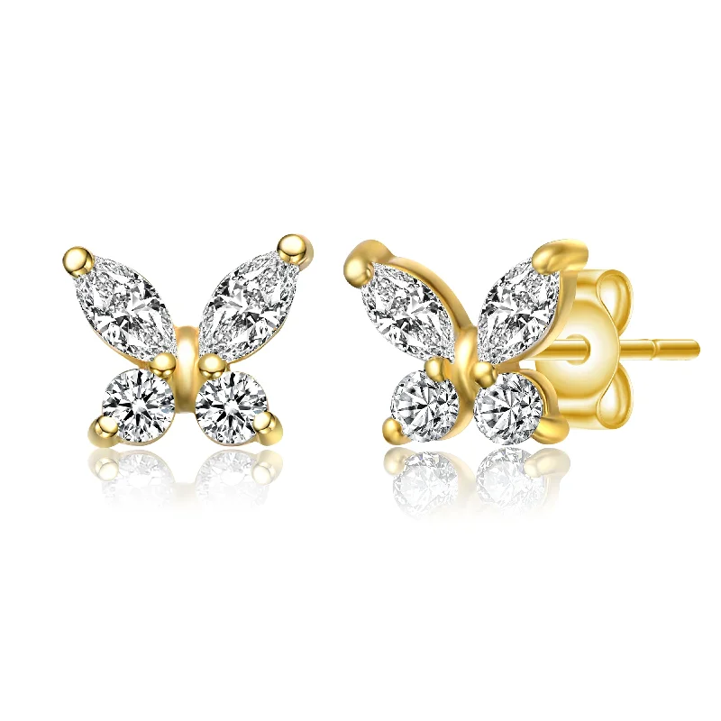 Casual earrings for women-14k Gold Plated Marquise Cubic Zirconia Flower Butterfly Stud Earrings