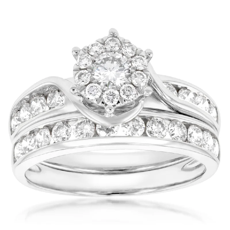 Vintage-inspired engagement ring for women-9ct White Gold 2 Ring Bridal Set With 1 Carat Of Brilliant Cut Diamonds