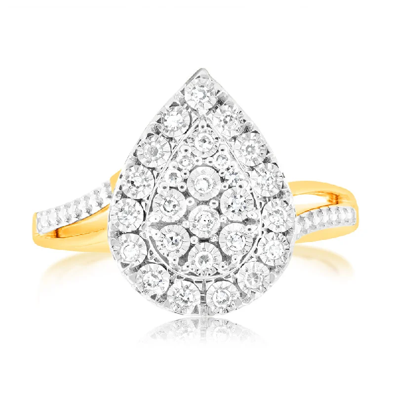 Engagement ring with diamonds for women-9ct Yellow Gold Lab Grown Pear Shaped Ring With 27 Brilliant Diamonds