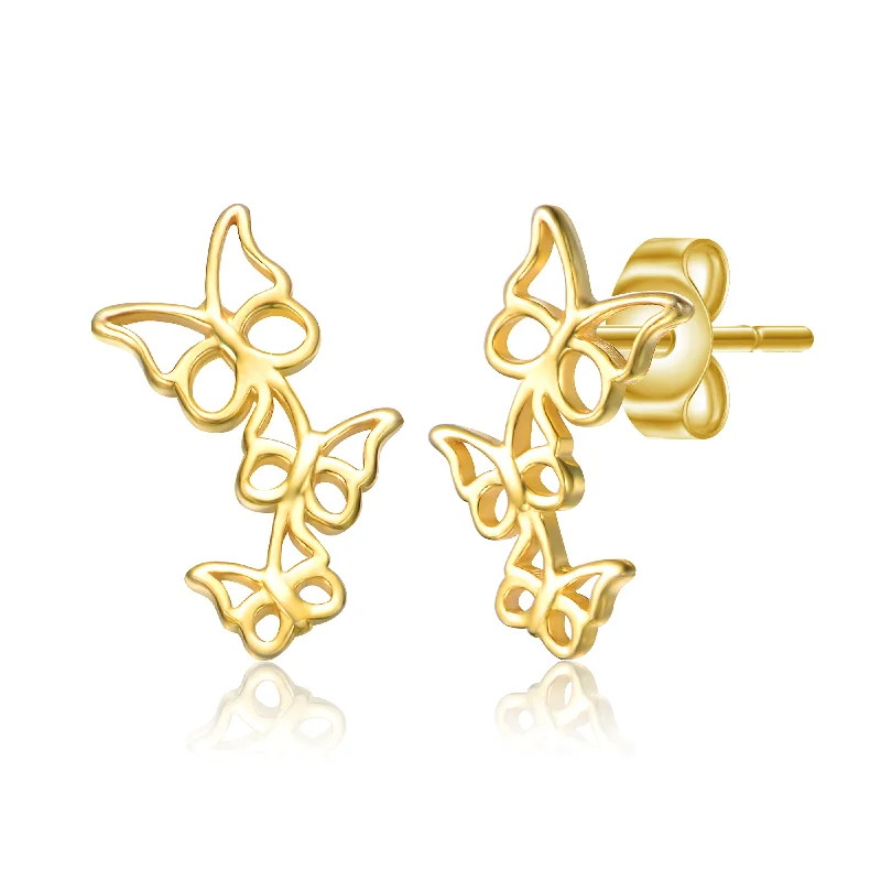 Silver drop earrings for women-14k Gold Plated FIligree Butterfly Trio Stud Earrings