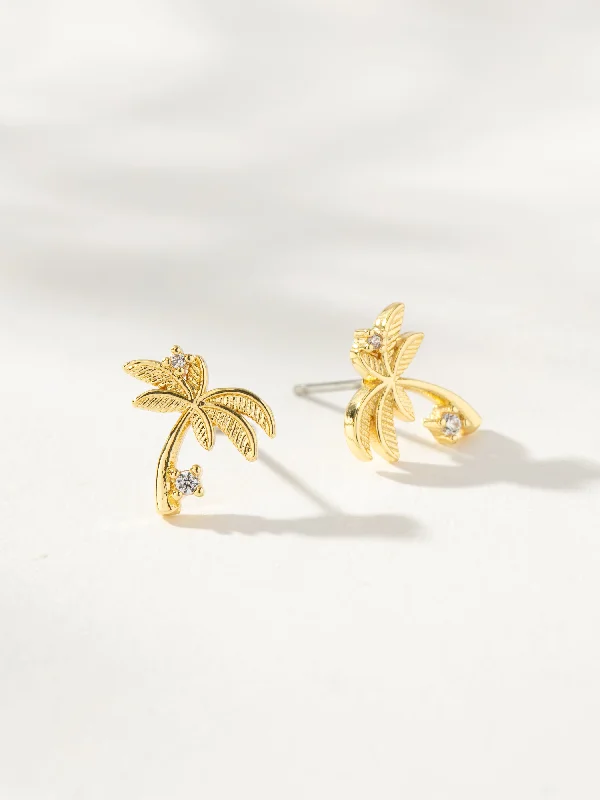 Gold diamond earrings for women-Palm Tree Stud Earrings