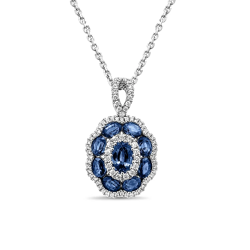 Classic pearl necklace for women-Sapphire and Diamond Flower Pendant