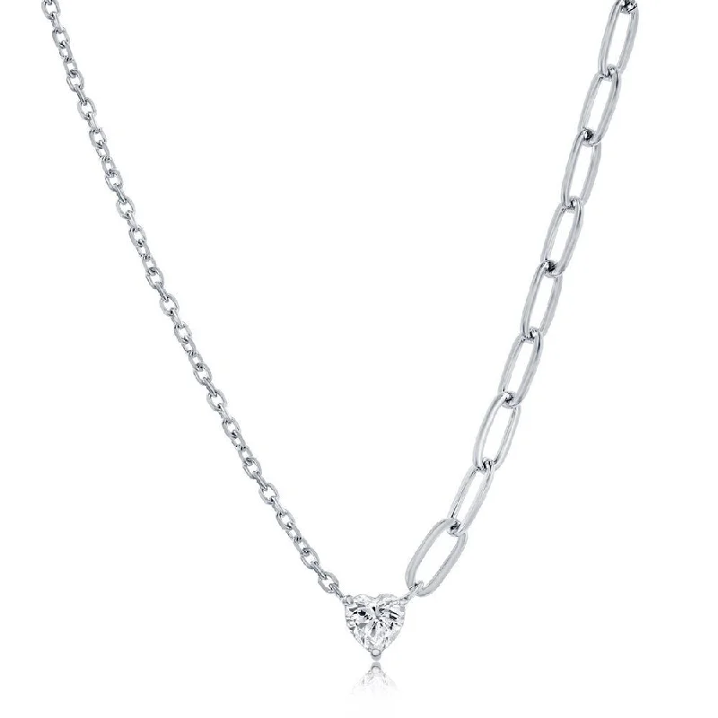 Elegant necklace for women-SS Heart CZ  Half Cable & Paperclip Chain Necklace