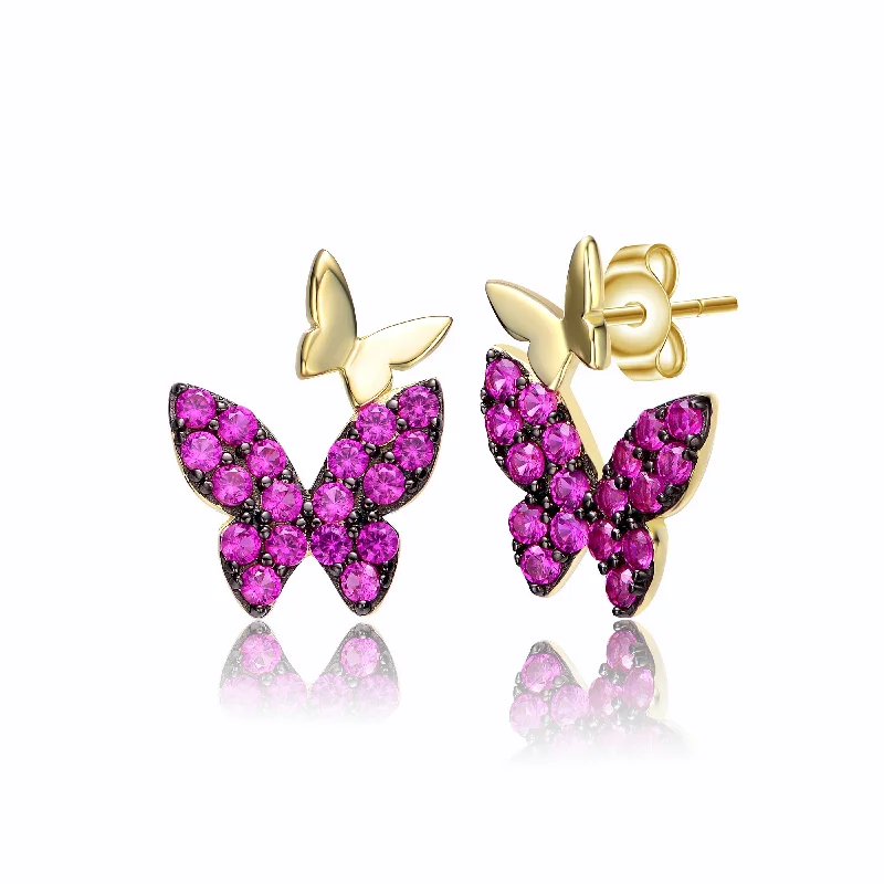 Custom design earrings for women-Sterling Silver 14k Yellow Gold Plated with Ruby Cubic Zirconia Double Butterfly Drop Earrings