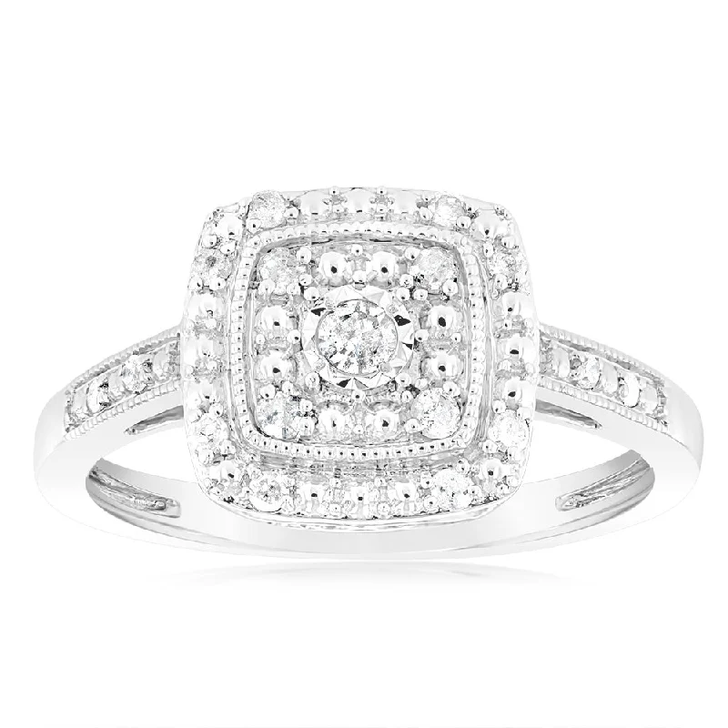 Affordable diamond engagement ring for women-1/6 Carat Diamond Cushion Ring in Sterling Silver