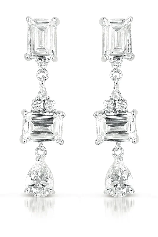 Chunky earrings for women-Cubic Zirconia Sterling Silver Rhodium Plated Geometrical Dandling Earrings