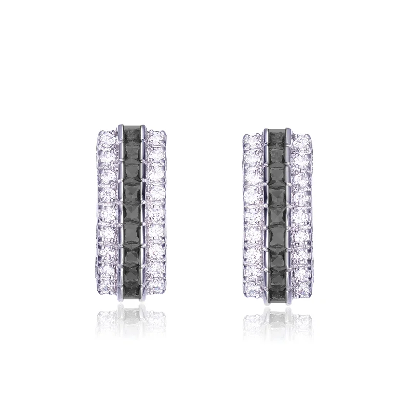 Diamond drop earrings for women-Sterling Silver Rhodium Plated Black And Cubic Zirconia Three Row Classic Last Pair Earrings