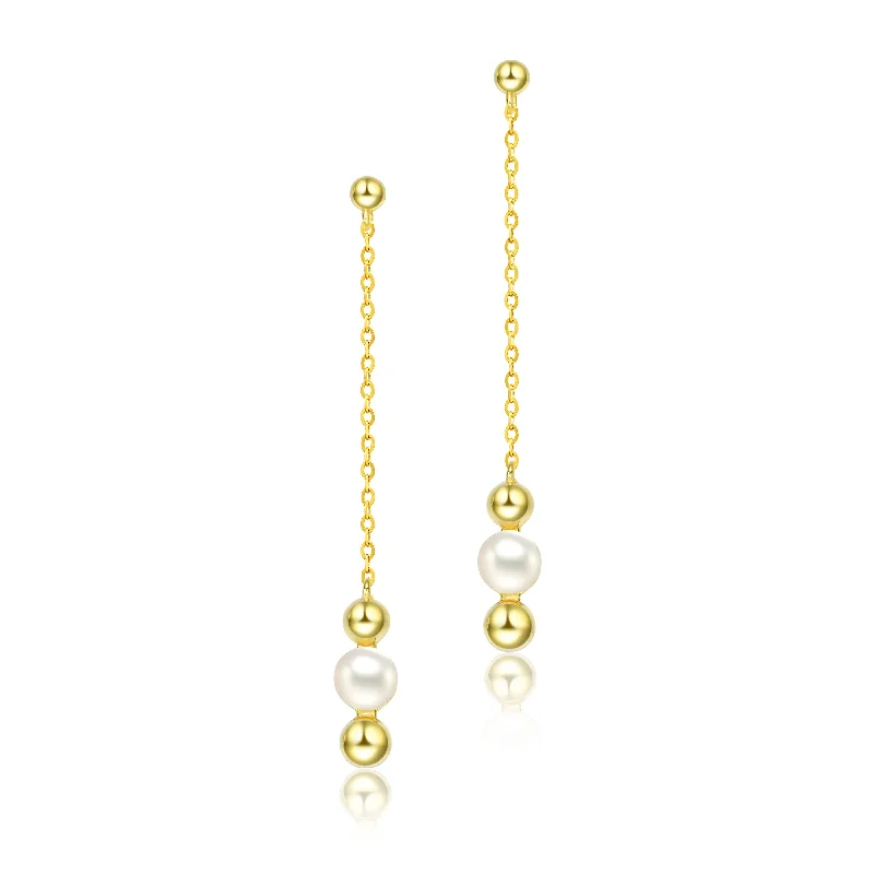 Birthstone earrings for women-Sterling Silver 14K Gold Plated and 5.5MM freshwater Pearls Dangling Earrings