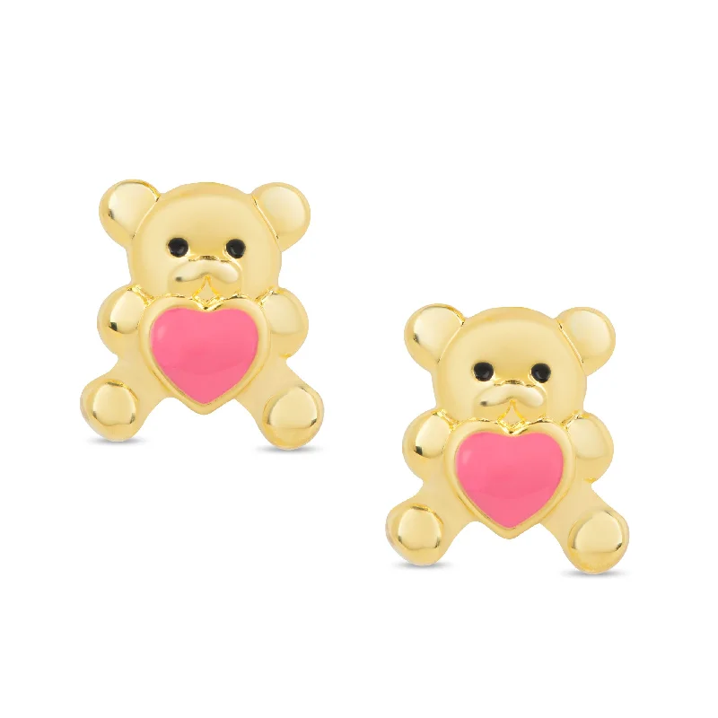 Colored crystal earrings for women-Heart Teddy Bear Stud Earrings