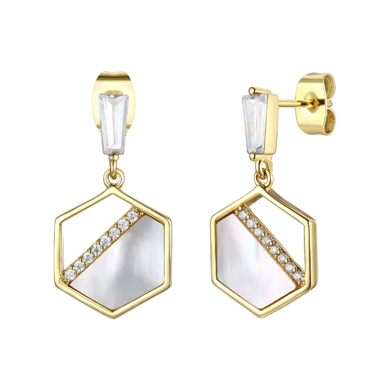 Sterling silver stud earrings for women-14k Gold Plated Sterling Silver with Mother of Pearl & Cubic Zirconia Hexagon Dangle Earrings