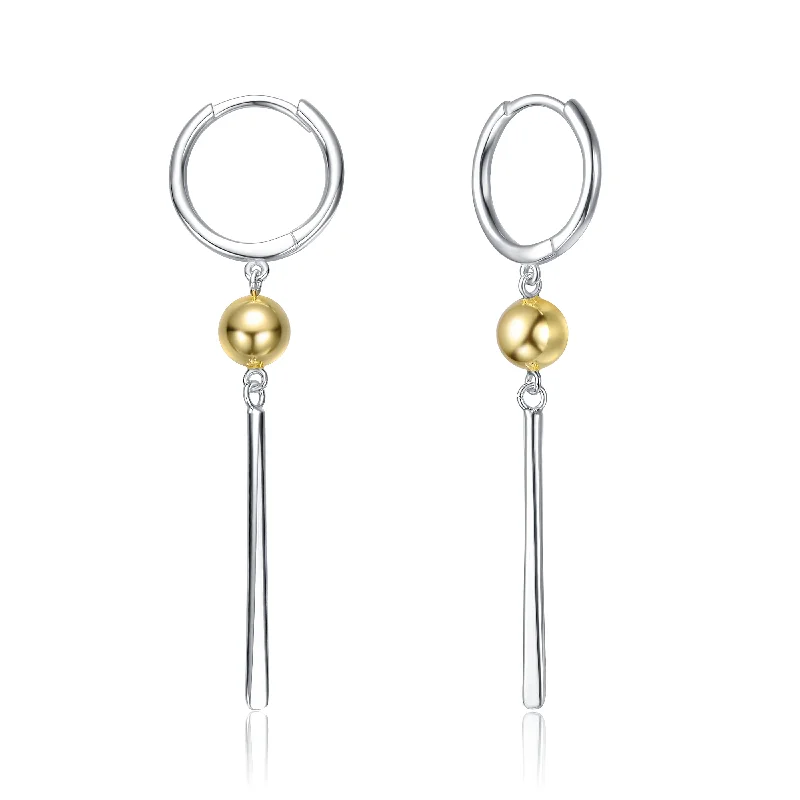 Silver drop earrings for women-Sterling Silver Two-Tone with 14K Gold Plated Sphere and Sleek White Gold Plated Bars Drop Earrings