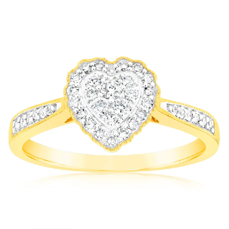 Engagement ring with emerald diamond for women-Luminesce Lab Grown Diamond 1/4 Carat Heart Dress Ring in 9ct Yellow Gold