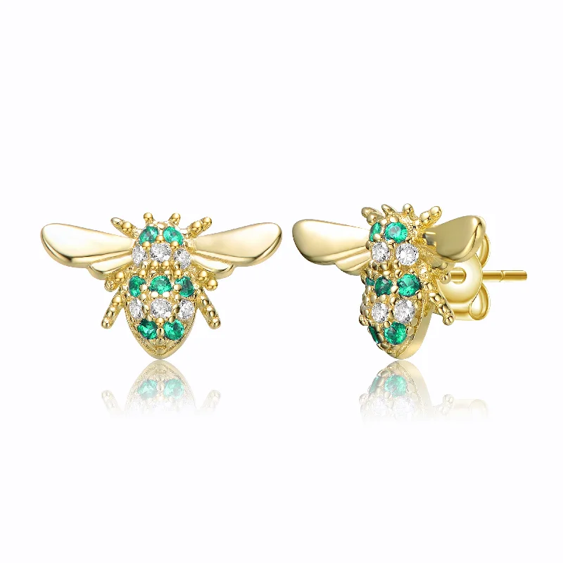 Unique earrings for women-Sterling Silver 14k Yellow Gold Plated with Cubic Zirconia Pave Wasp Stud Earrings