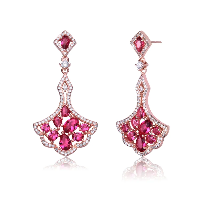 Gold stud earrings for women-18K Rose Gold Plated Red Cubic Zirconia Accent Dangle Earrings