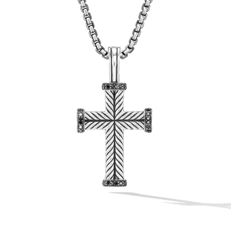 Necklace with initials for women-Chevron Cross Pendant in Sterling Silver with Black Diamonds\, 33.5mm