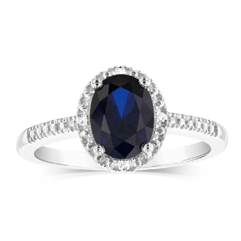 Engagement ring with sapphire and diamonds for women-Created Sapphire 1.40 Carats Sterling Silver 4 Diamond Oval Shaped Ring