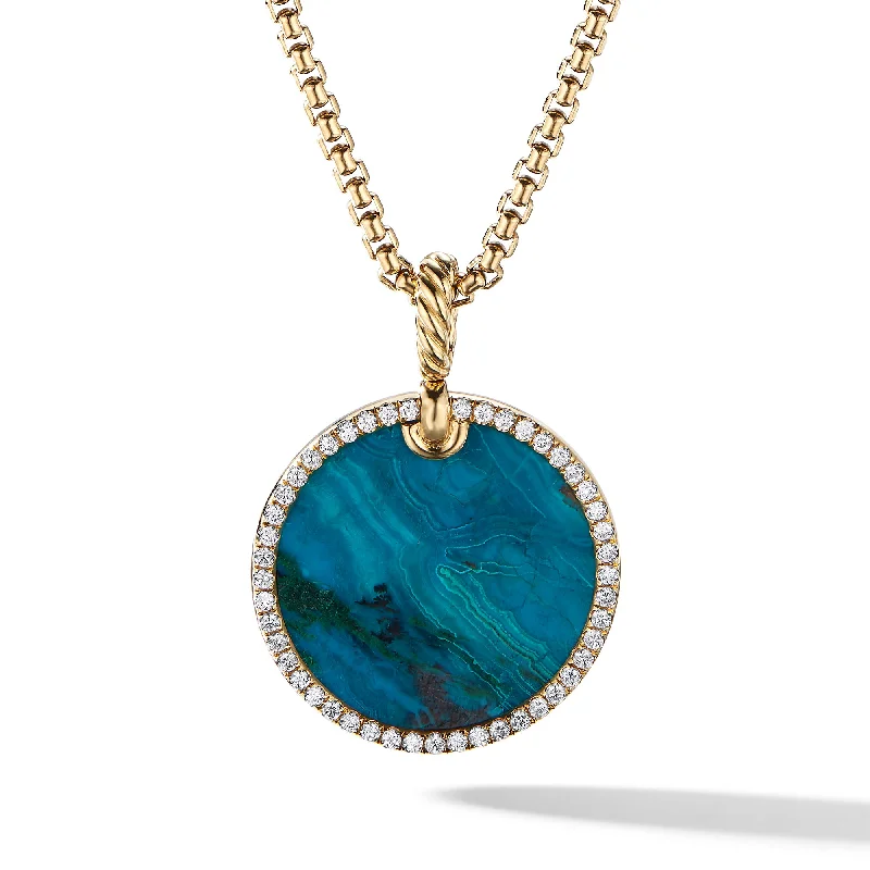 Large gemstone necklace for women-Limited DY Elements® Disc Pendant in 18K Yellow Gold with Chrysocolla and Diamonds\, 24mm