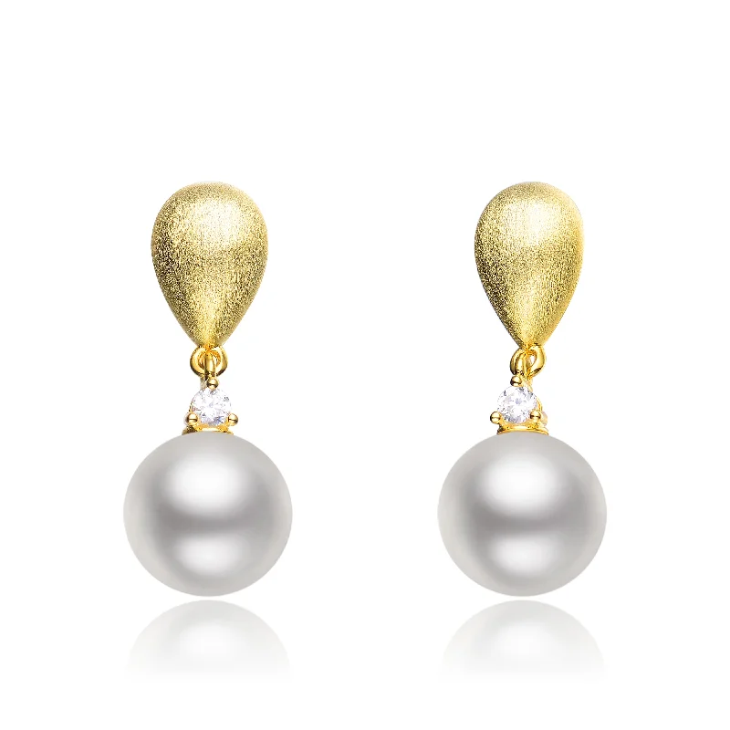 Fashionable hoop earrings for women-Cubic Zirconia Sterling Silver Brushed Gold Plated Pearl Drop Earrings