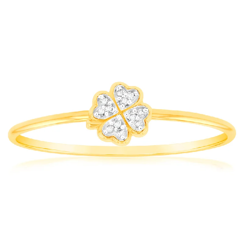 Engagement ring with colored stones for women-9ct Yellow Gold Diamond 4 Leaf Clover Ring with 12 Brilliant Diamonds