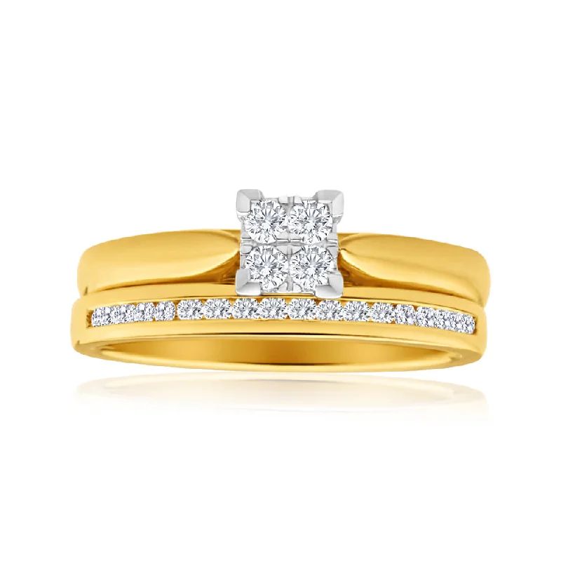 Unique engagement ring for women-9ct Yellow Gold 2 Ring Bridal Set With 22 Diamonds Totalling 0.25 Carats