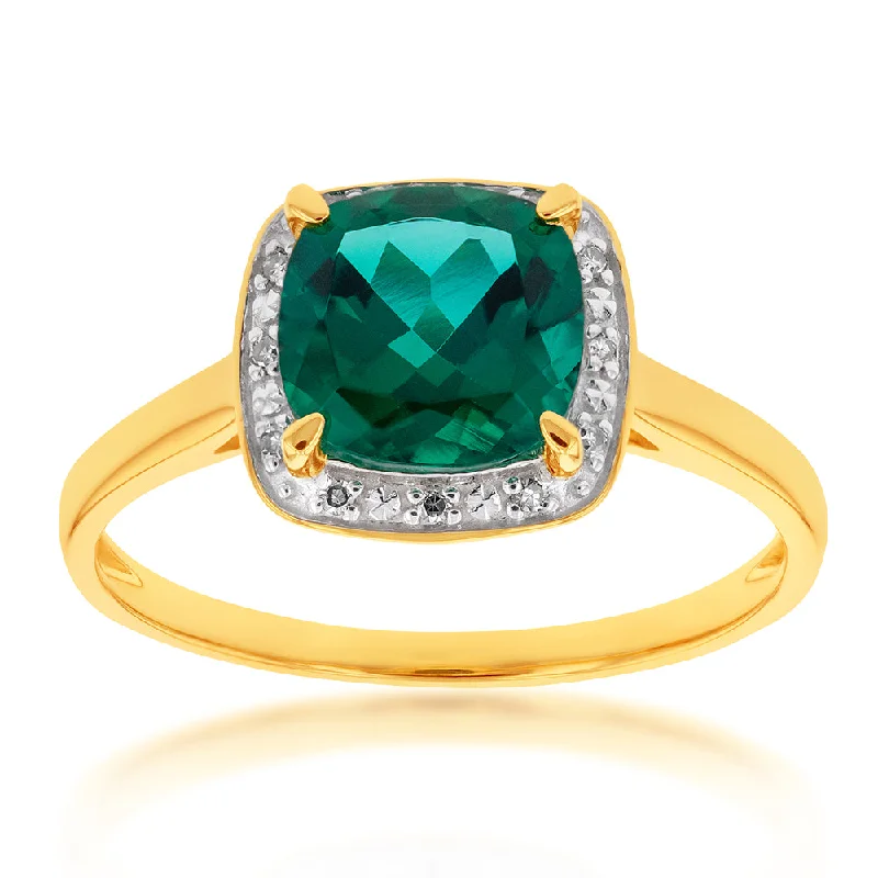 Gold diamond engagement ring for women-9ct Yellow Gold Created Emerald and Diamond Cushion Cut Ring