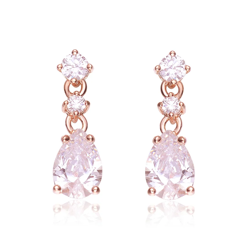 Custom hoop earrings for women-Cubic Zirconia Sterling Silver Rose Gold Plated Pear Drop Earrings