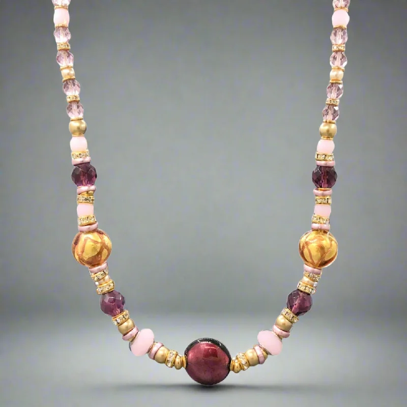 Minimalist necklace for women-YGP Stainless Burgundy, Golden tone & Pink Murano Glass Beaded Necklace