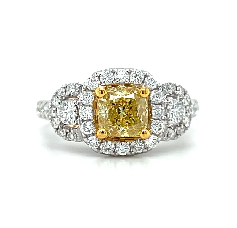 Classic diamond engagement ring for women-18k Two Tone Gold Cushion Shape Fancy Intense Yellow Diamond Halo Three Stone Ring