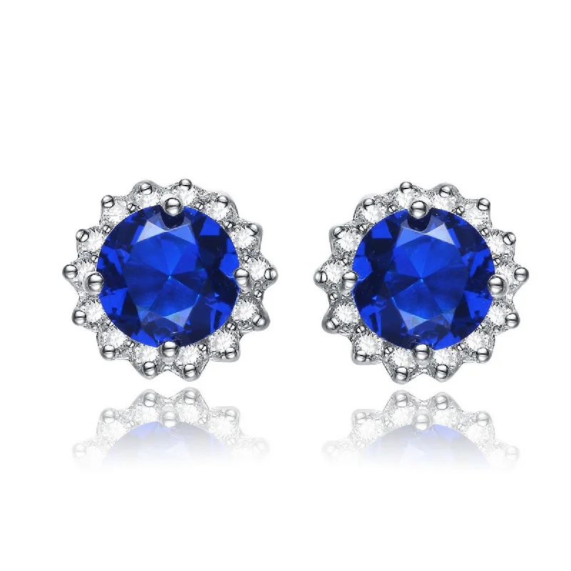 Gold earrings for women-Sterling Silver Sapphire Cubic Zirconia Button Earrings